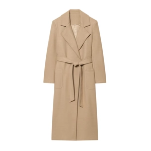 Classic camel wool coat for women with lapel collar and waist belt for autumn and winter