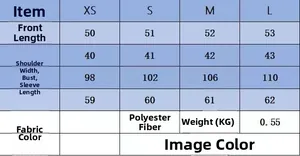 Size chart for long sleeve jacket showing length, shoulder, bust and sleeve measurements