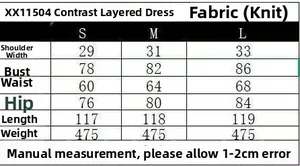 Detailierte Größentabelle für Kontrast-Strickkleid mit Maßen für S, M und L