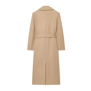 Rear view of long camel wool coat showing classic collar, waist belt, and stylish back slit