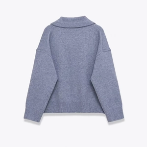 Classic back view of a thick lapel knit sweater in stylish dusty blue color