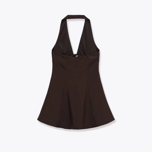 Deep V-neck backless halter mini dress in dark brown with a retro A-line silhouette