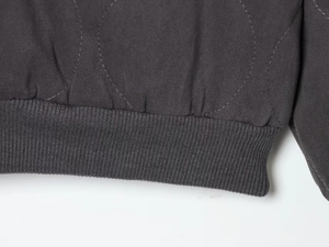 Detailed close-up of ribbed cuffs and circular quilted texture on a charcoal bomber jacket