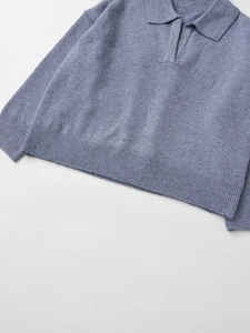 Detailed view of violet blue cashmere knit texture with classic collar and ribbed cuffs