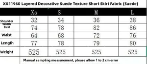 Size chart detail for tiered velvet mini dress showing chest and waist dimensions