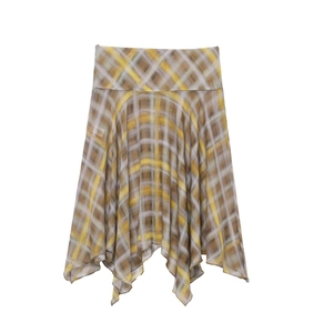 Detail of yellow and grey plaid midi skirt featuring an asymmetrical handkerchief hemline