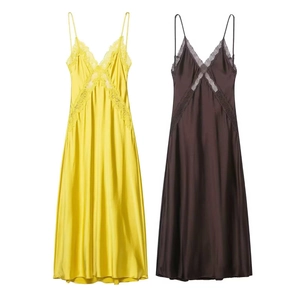 Damen Sexy Satin Midi Kleid Spitzenbesatz Rückenfrei V-Ausschnitt Cami Kleid Elegant Spaghetti-Träger Bodycon Party Sommerkleider