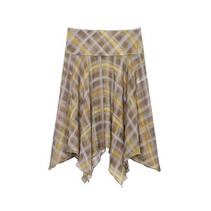 Women Elegant Plaid Asymmetrical Handkerchief Hem Midi Skirt High Waist Casual Lightweight Polyester Bottoms Fashion