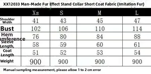 Detailed size chart for faux fur short coat showing measurements from XS to L