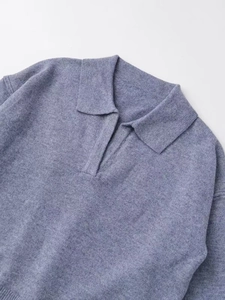 Close-up of lilac knitted polo sweater featuring a classic lapel and V-neckline texture