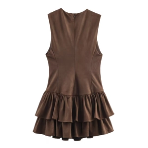 Brown sleeveless suede mini dress with tiered ruffle hem and back zipper closure