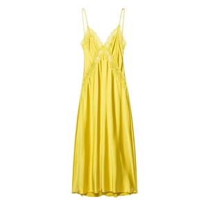 Elegantes gelbes Satin-Midikleid mit zarter Spitze und dünnen Schultergurten