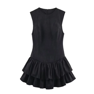 Sleeveless black mini dress with layered ruffle hem and a round neckline in a slim fit