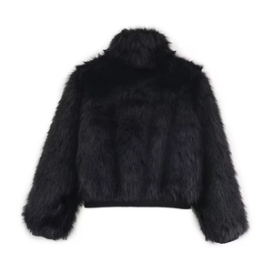 Back view of a black faux fur jacket with a high collar and ribbed elastic hem