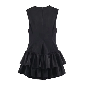 Modern black sleeveless mini dress with layered ruffle hem and back zipper closure
