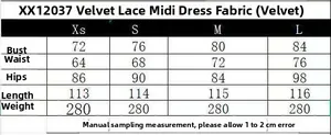 Size chart showing XS to L measurements for the velvet lace midi dress style XX12037