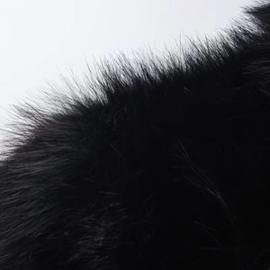 Close-up of black faux fur texture with long dense fibers and a soft plush undercoat
