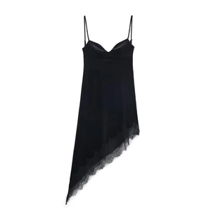 Women Sexy Black Velvet Slip Dress With Lace Trim Spaghetti Strap Backless Irregular Hem Banquet Midi Party Dress