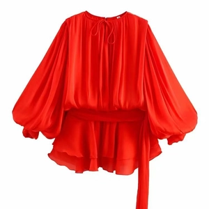 Vibrant red long sleeve dress with ruffle hem and drawstring details in airy chiffon