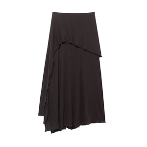 Women Summer Elegant Asymmetric Layered Lettuce Edge Midi Skirt Dark Brown Polyester Knit High Waist Casual Long Skirt