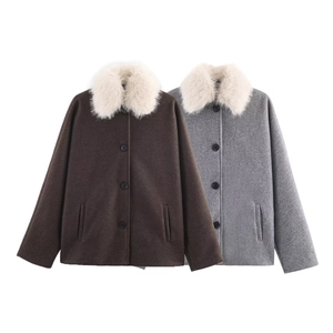 Winter wool coat for women with large faux fur collar in brown and grey colors