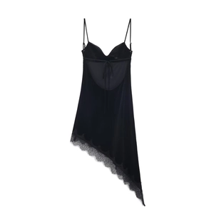 Elegant black satin slip dress with lace trim and asymmetrical hem in a minimalist style