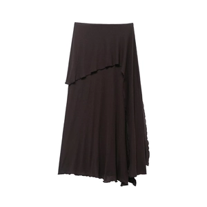 Women's dark brown asymmetric tiered skirt with stylish ruffled edges and a midi length
