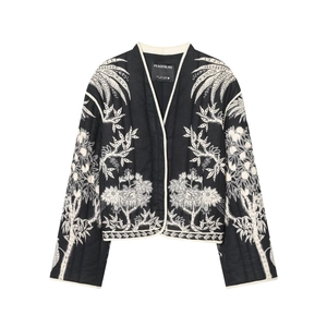 Women Fashion Black White Plant Print Quilted Jacket Embroidery Short Autumn Bohemian Style Padded Outerwear Retro Coat