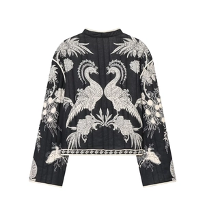 Women's black short quilted jacket with white peacock and floral embroidery and stand collar