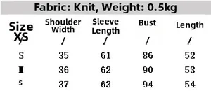 Größentabelle mit Maßen für die Strickjacke mit Rautenmuster und Jacquard-Gewebe