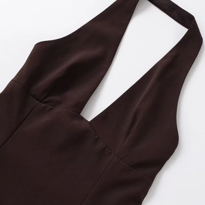 Deep brown halter neck mini dress with deep V-neck and backless design for women