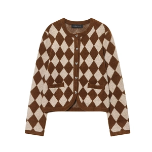 Damen Retro Argyle Strickjacke Mit Herzförmigen Metallknöpfen Langarm Rundhals Lässige Streetwear Jacke Herbst Winter Strickwaren