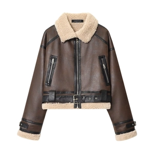 Short brown faux suede aviator jacket with white faux fur lining and belted hem