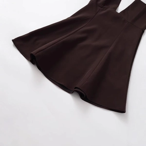 Fashionable dark coffee V-neck halter backless mini dress with A-line pleated skirt