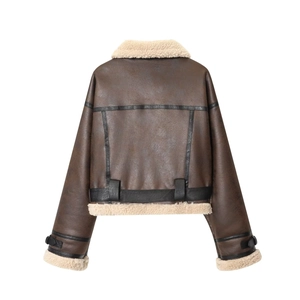 Back view of brown faux leather aviator jacket with white faux shearling trim
