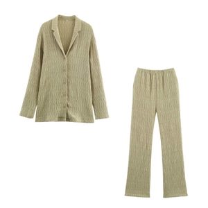 Ensemble Décontracté pour Femme Chemise à Manches Longues et Col Blazer Plissée et Pantalon Large à Taille Haute