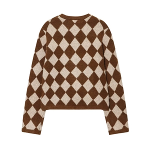 Vintage Argyle-Strickpullover mit langen Ärmeln und Rippbündchen in Braun und Beige
