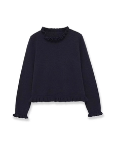 Detail of ruffle trim on neckline and cuffs of navy blue knit long sleeve sweater