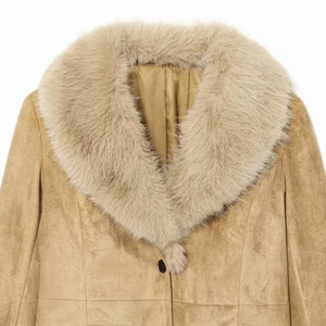 Women's light camel suede coat with fluffy faux fox fur collar and single-breasted button