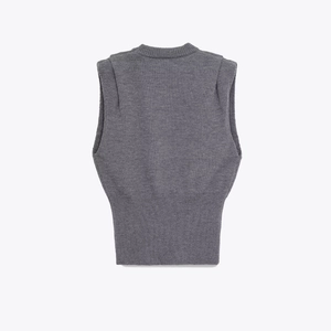 Dark grey knitted sleeveless vest featuring a round neck and ribbed hem details