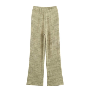 Pantalon plissé taille haute vert olive clair avec ceinture élastique et tissu texturé