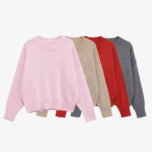 Women soft crewneck knit sweater in pink, khaki, red and gray colors with ribbed trims