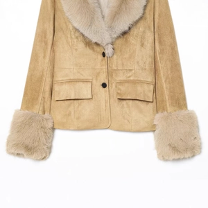 Camel faux suede jacket for women featuring oversized faux fur collar and cuffs