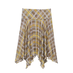 Elegant high waist plaid midi skirt with irregular handkerchief hem in yellow and grey