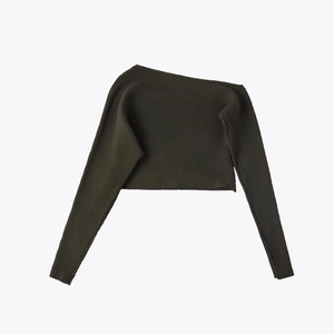Slim fit dark olive green ribbed knit top with off-shoulder neckline and long sleeves