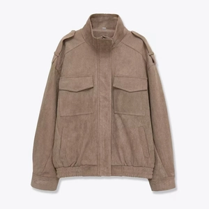 Women Faux Suede Utility Jacket Stand Collar Multi Pockets Khaki Vintage Cargo Short Coat Autumn Winter Outerwear
