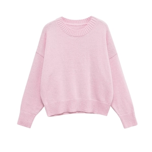 Women's minimalist pink long sleeve crewneck knit sweater with ribbed cuffs and hem