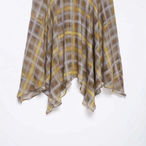 Elegant plaid midi skirt with irregular hem in tan and grey breathable fabric