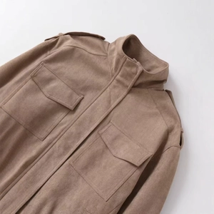 Brown suede jacket for women with stand collar, epaulets and large front pockets