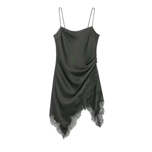 Robe Nuisette Sexy en Satin Avec Dentelle Pour Femmes Noir Bretelles Spaghetti Ourlet Asymétrique Robe Midi de Soirée Chic